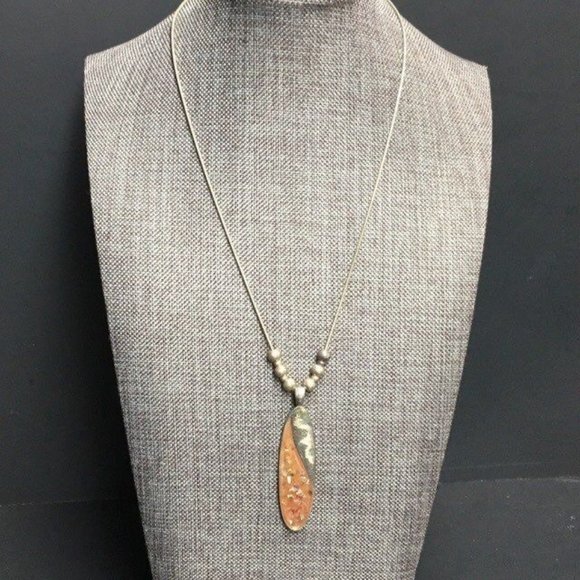 Long Oval Necklace Silver Pendant Amber Peach Sparkle Bead Retro BoHo Soft Girl - Picture 3 of 8